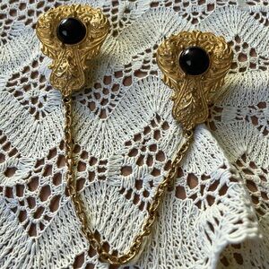 Victorian Revival Gold Tone & Black Cabochon Double Brooch Sweater Guard